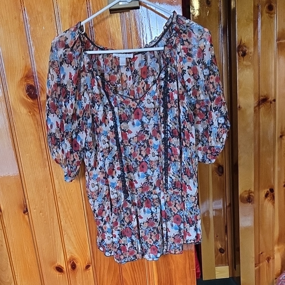Dress Barn Floral Puff-Sleeve Boho Blouse - Red, Blue, Brown